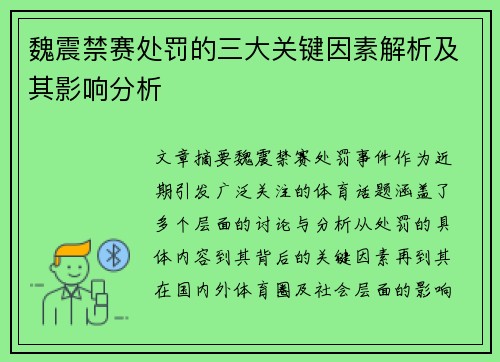 魏震禁赛处罚的三大关键因素解析及其影响分析