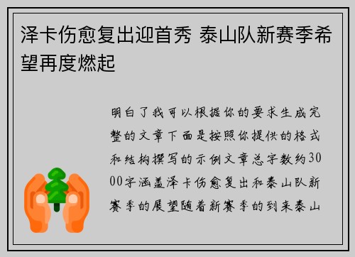 泽卡伤愈复出迎首秀 泰山队新赛季希望再度燃起