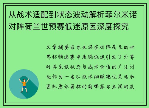 从战术适配到状态波动解析菲尔米诺对阵荷兰世预赛低迷原因深度探究 从战术适配到状态波动解析菲尔米诺对阵荷兰世预赛低迷原因深度探究